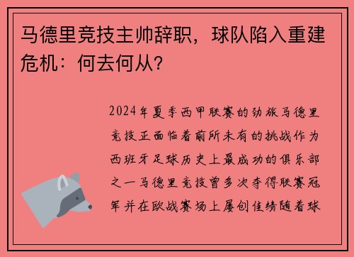 马德里竞技主帅辞职，球队陷入重建危机：何去何从？
