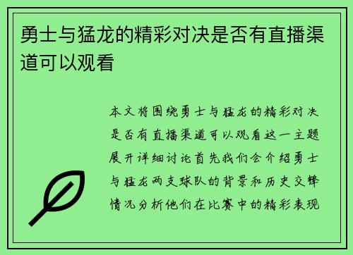 勇士与猛龙的精彩对决是否有直播渠道可以观看